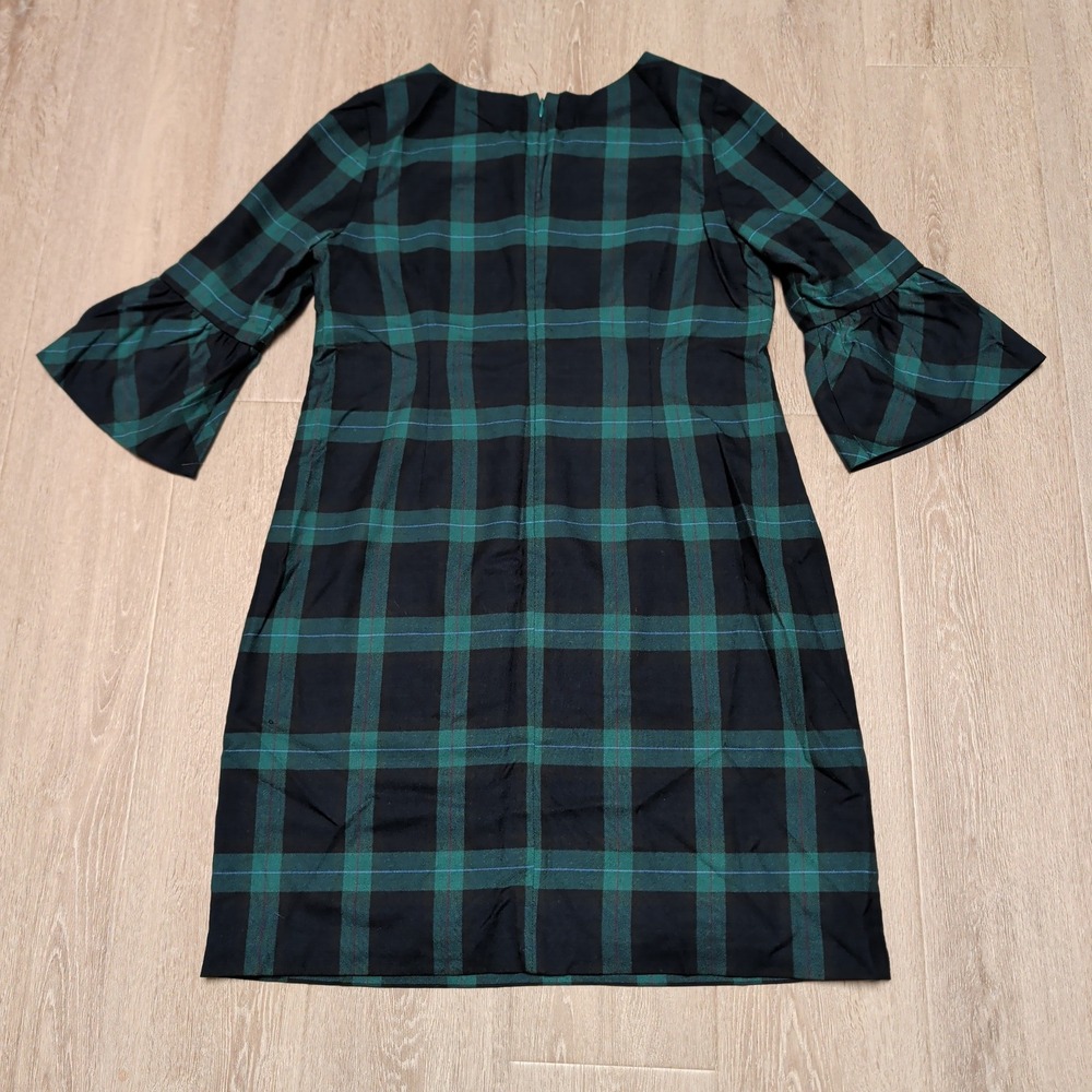Talbots Plaid Sheath Dress Womens 16P Green Black‎ Excellent Bell Sleeve Lined - Picture 2 of 9